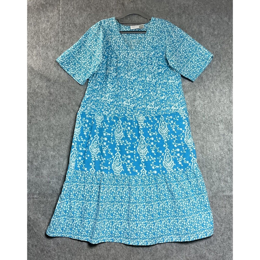 The Vermont Country Store Dress Womens M Blue Paisley Kaftan Midi Cotton Pockets